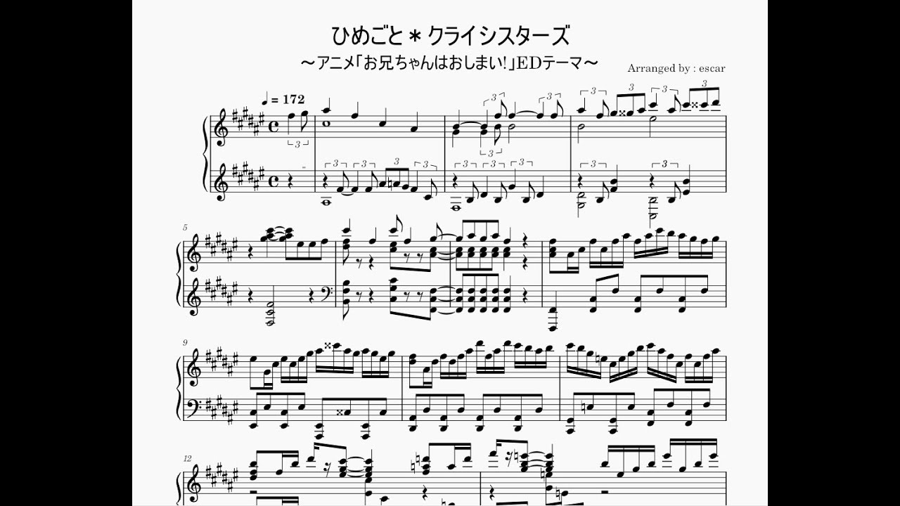 【楽譜】「ひめごと＊クライシスターズ」【お兄ちゃんはおしまい！ ED】(Oniichan wa Oshimai! ED Piano Score)