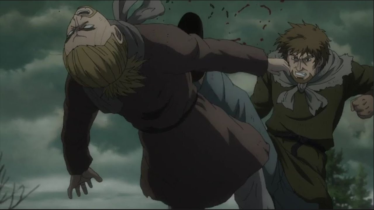 トルフィンは男を殴る 「エイナルとトルフィンは奉公人たちに殴られた」 ヴィンランド・サガ 2期8話 戦いの瞬間