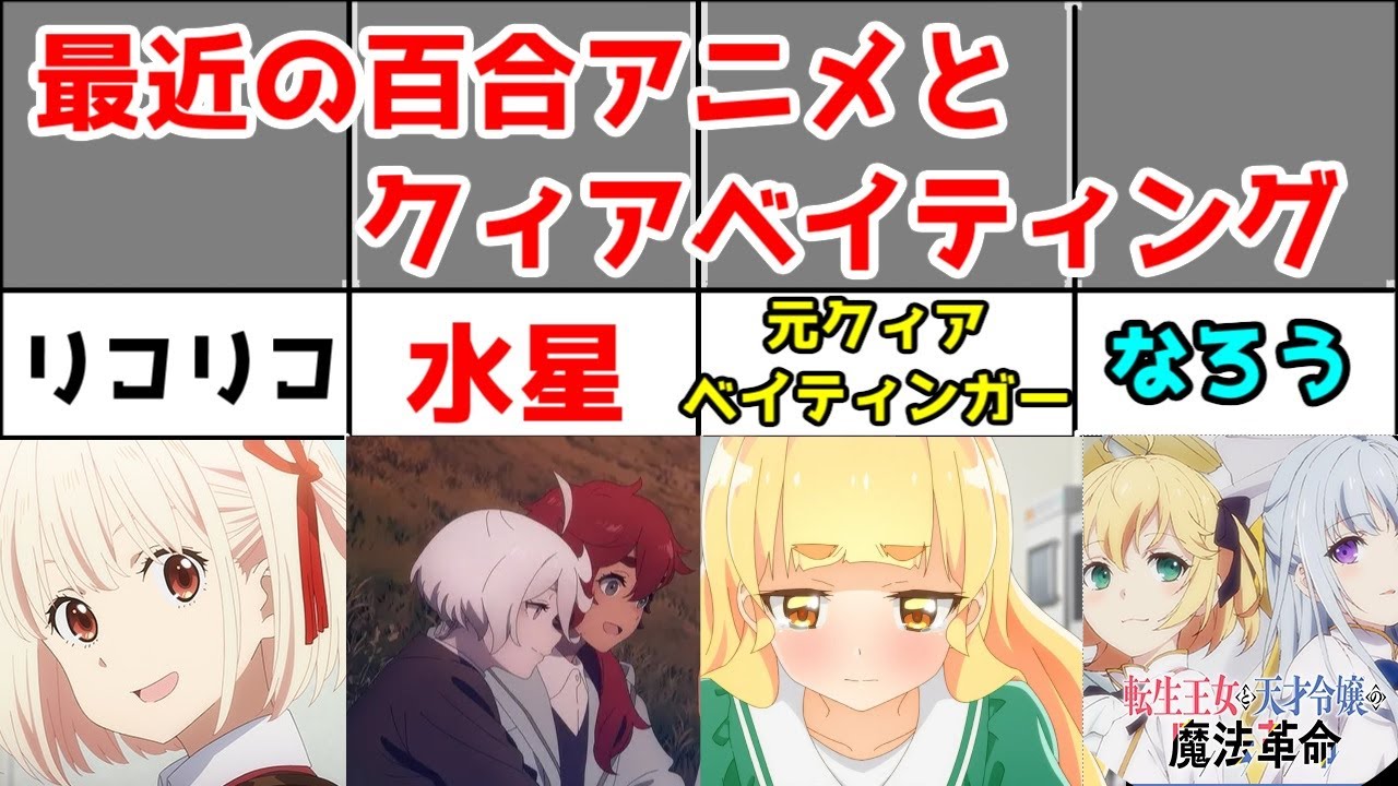 最近の「百合アニメ」を振り返る【あるいは「クィアベイティング」アニメ】【2022年～2023年】【水星の魔女、リコリスリコイル、転生王女と天才令嬢の魔法革命、私の百合はお仕事です、ぼっち・ざ・ろっく】