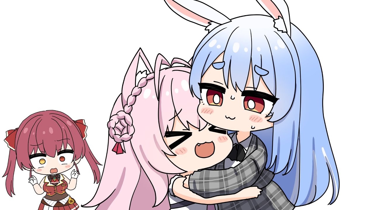 【手描き】えー？ハグすんのー！？【宝鐘マリン/兎田ぺこら/博衣こより/ホロライブ/切り抜き漫画】