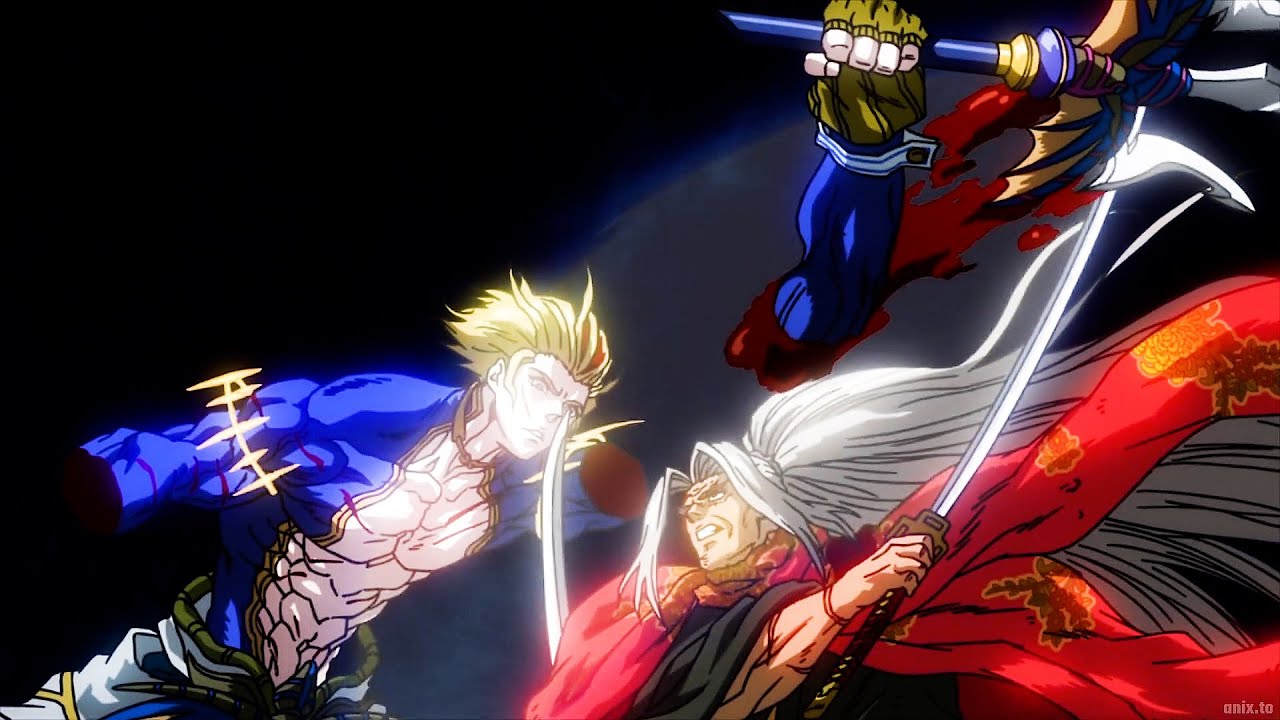 終末のワルキューレII後編| Kojiro using a tempest of attacks Musashi's move cross slices Poseidon in four