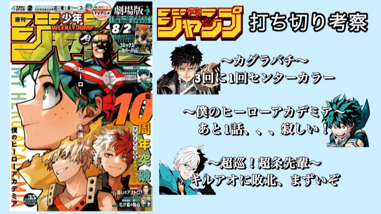 ジャンプ35号　打ち切り考察！カグラバチまたもやセンター獲得！ヒロアカ残り1話で寂しいいいい【週刊少年ジャンプ】