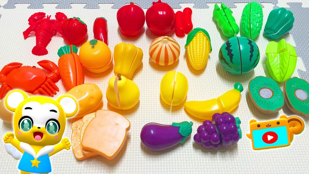 【知育】おままごとでお野菜やフルーツの色や名前を覚えよう！やさいや果物がたくさん登場＆英語で色も紹介しているよ★にんじん、たまねぎ★りんご、バナナ、ぶどう、スイカ【おもちゃ】