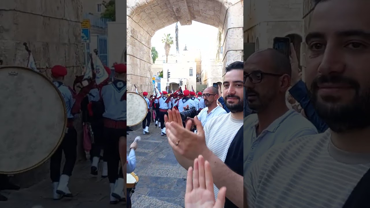 Can ye no hear the Skurl laddie !! Pipers at the New Gate , Jerusalem April 2023 .