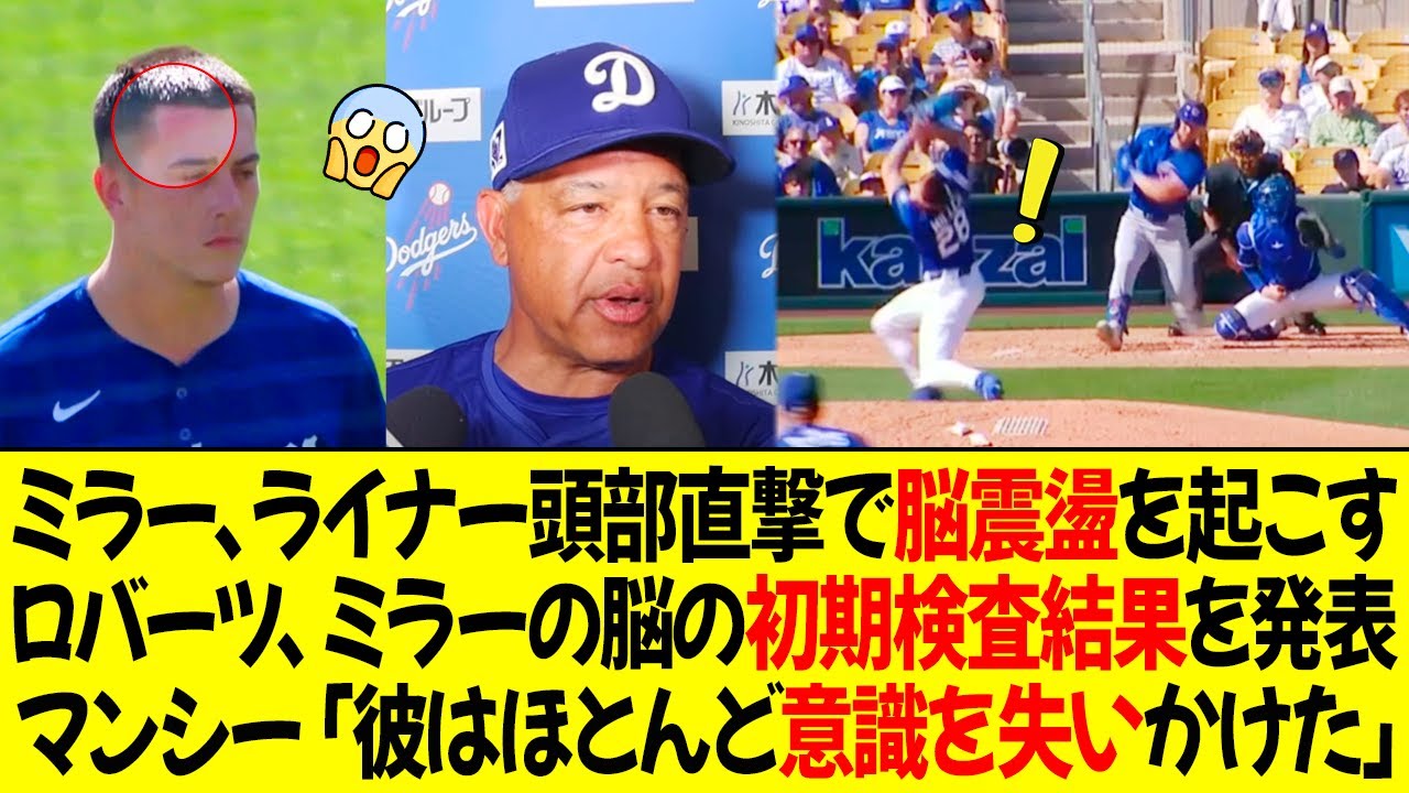 ミラー、ライナー頭部直撃で脳震盪を起こす ! ロバーツ監督、ミラーの脳の初期検査結果を発表 ! マンシー、ベッツ動揺「彼はほとんど意識を失いかけた...」