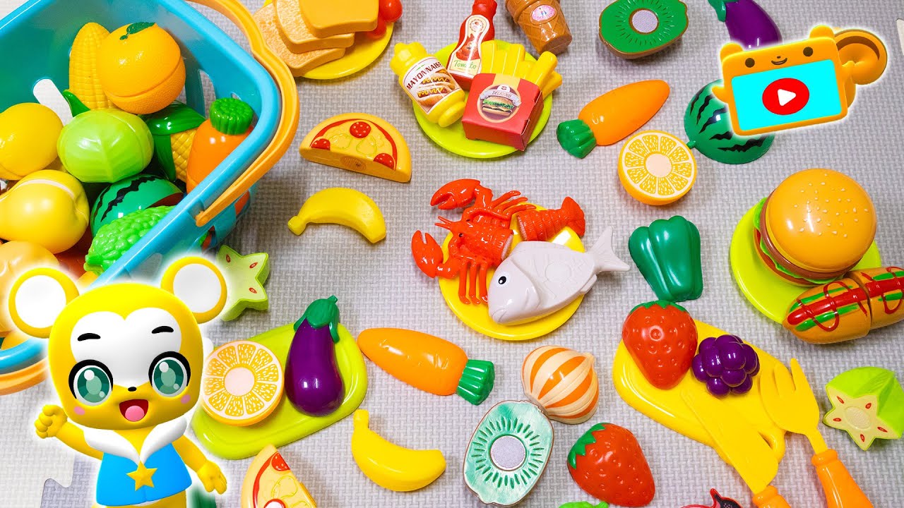 【おままごと】野菜とくだものをたくさん切ろう！にんじん、なす、いちご、バナナ、じゃがいも、トマト★子供向け知育動画★生活習慣