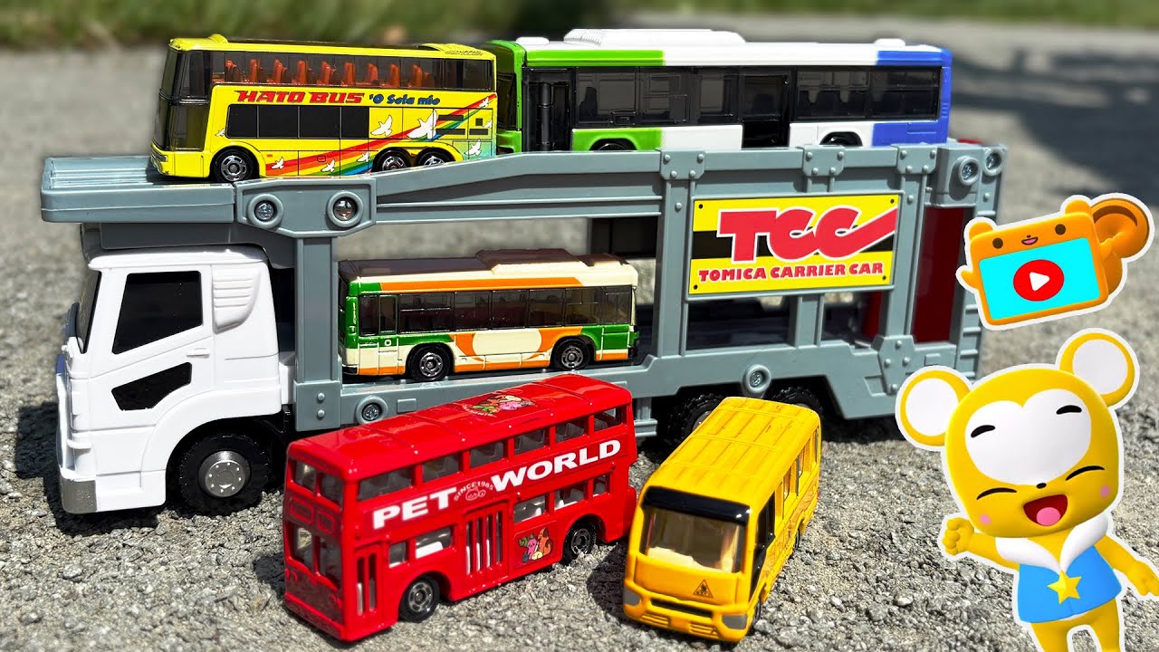 【おもちゃ】カーキャリアでいろんなバスをおかたづけ！トミカ★はたらくくるま・消防車・救急車・パトカー★乗り物 いっぱい 子供向け知育動画★赤ちゃん喜ぶアニメ,Tomica Cars